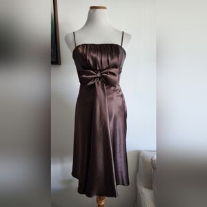 Vintage Jessica Mcclintock Brown Satin Fit & Flair Cocktail Bow Strap Dress Sz 6